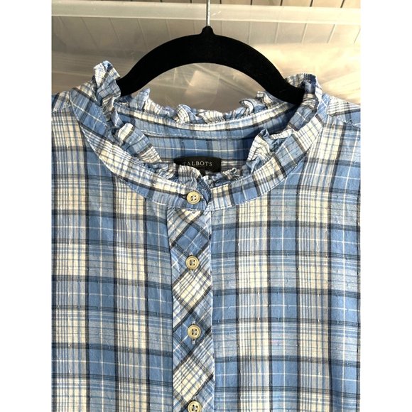 Talbots size M blue windowpane plaid 1/2 button front ruffle collar blouse - Picture 2 of 6